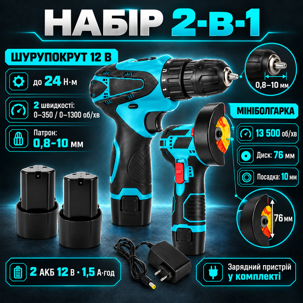 Акумуляторний набір ToolForce Duo D02078 2-в-1: шурупокрут 24 Н&middot;м + мініболгарка 76 мм, 12 В, 2 АКБ D02078 фото