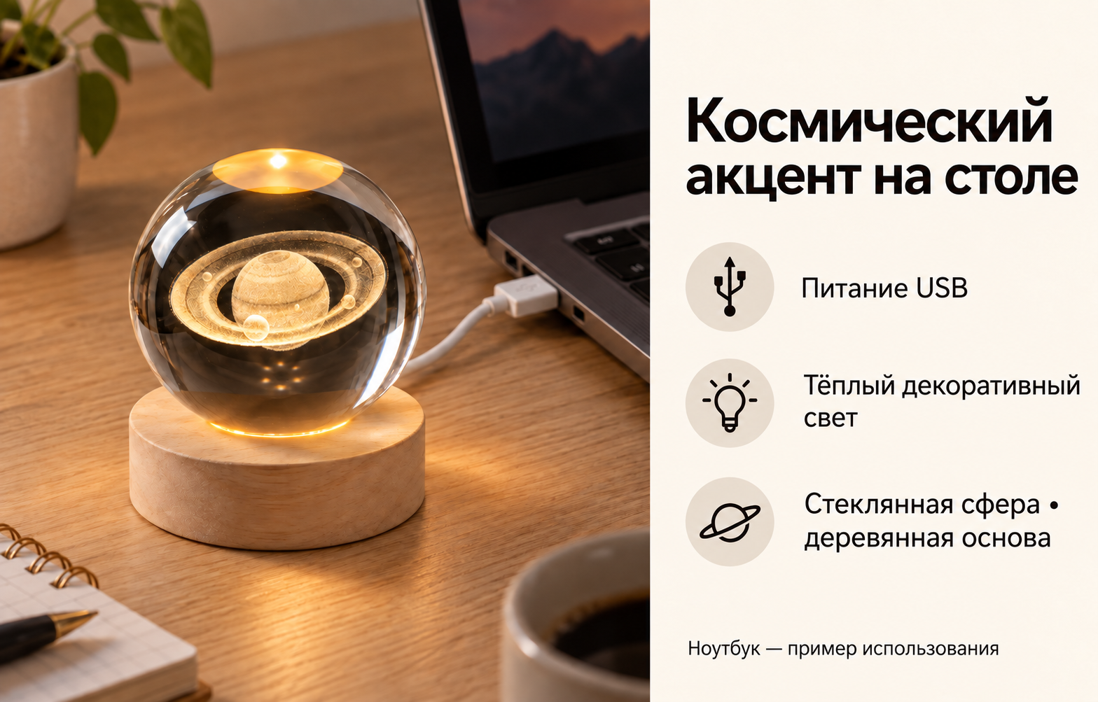 Ночник Сатурн: питание USB и декоративный свет на рабочем столе