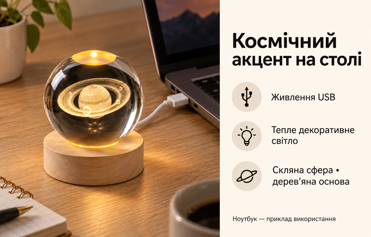 Нічник Сатурн: живлення USB та декоративне світло на робочому столі