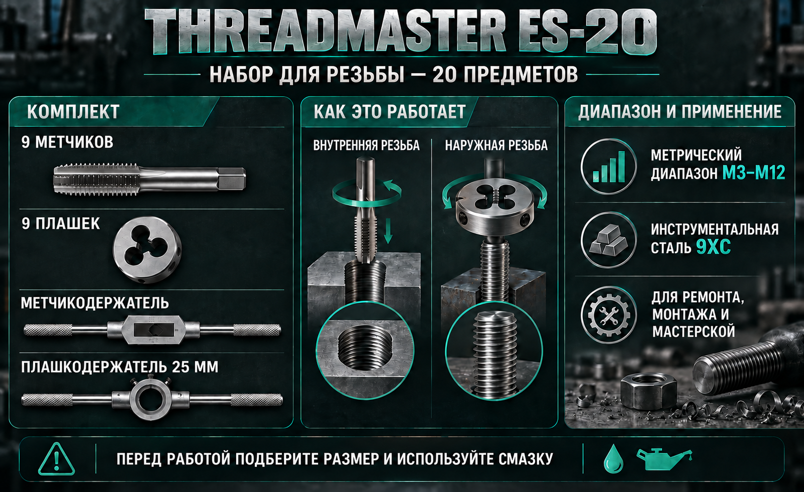 ThreadMaster ES-20 — комплект и работа с резьбой